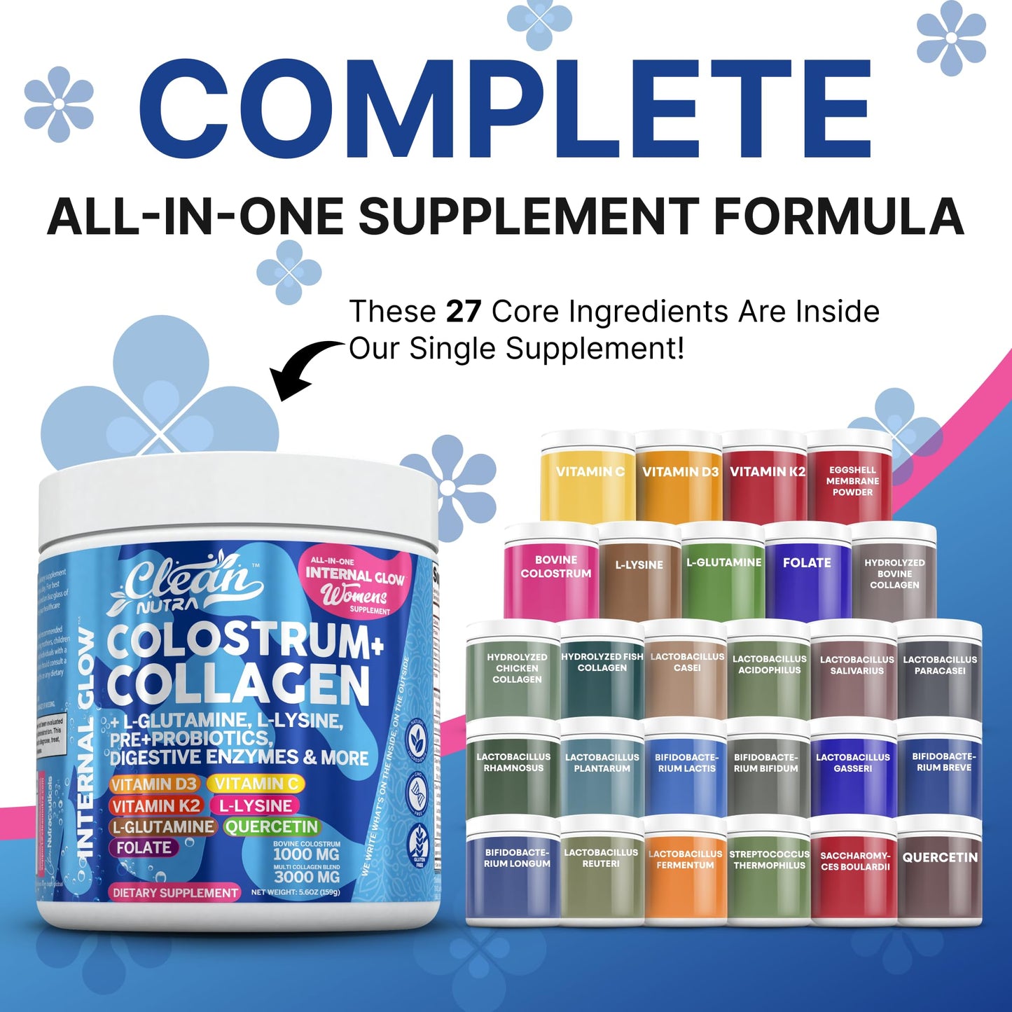 Bovine Colostrum Powder + Collagen Peptides with L-Glutamine – Gut Health Supplement | Clean Nutra