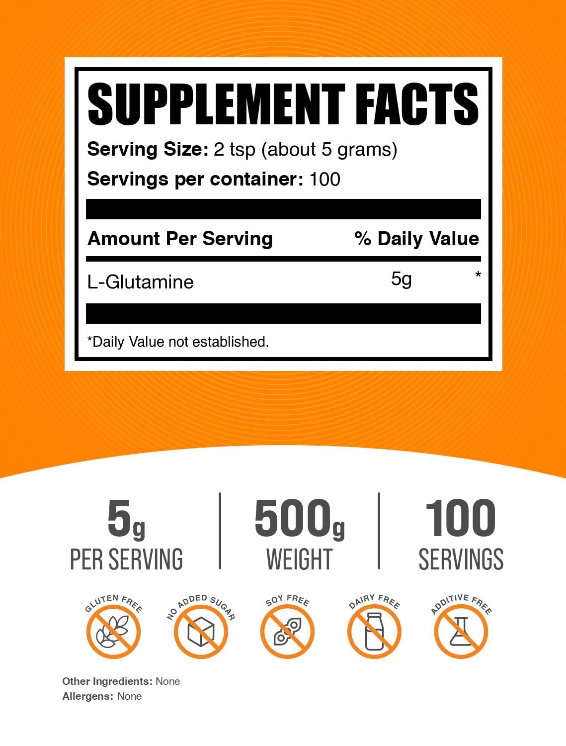 BulkSupplements L-Glutamine Powder – 5g Per Serving, 500g, Unflavored & Gluten Free