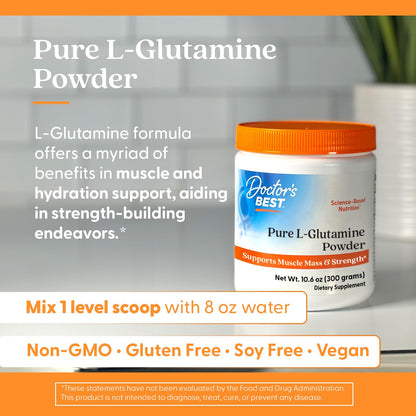 Doctors Best Pure L-Glutamine Powder – Supports Muscle Mass & Strength | Non-GMO, Gluten Free, Soy Free, Vegan (10.6 oz / 300 g)