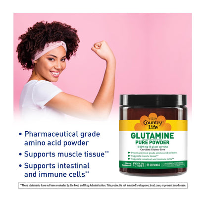 Country Life Glutamine Pure Powder 5000mg – 55 Servings | Gluten-Free Certified GFCO