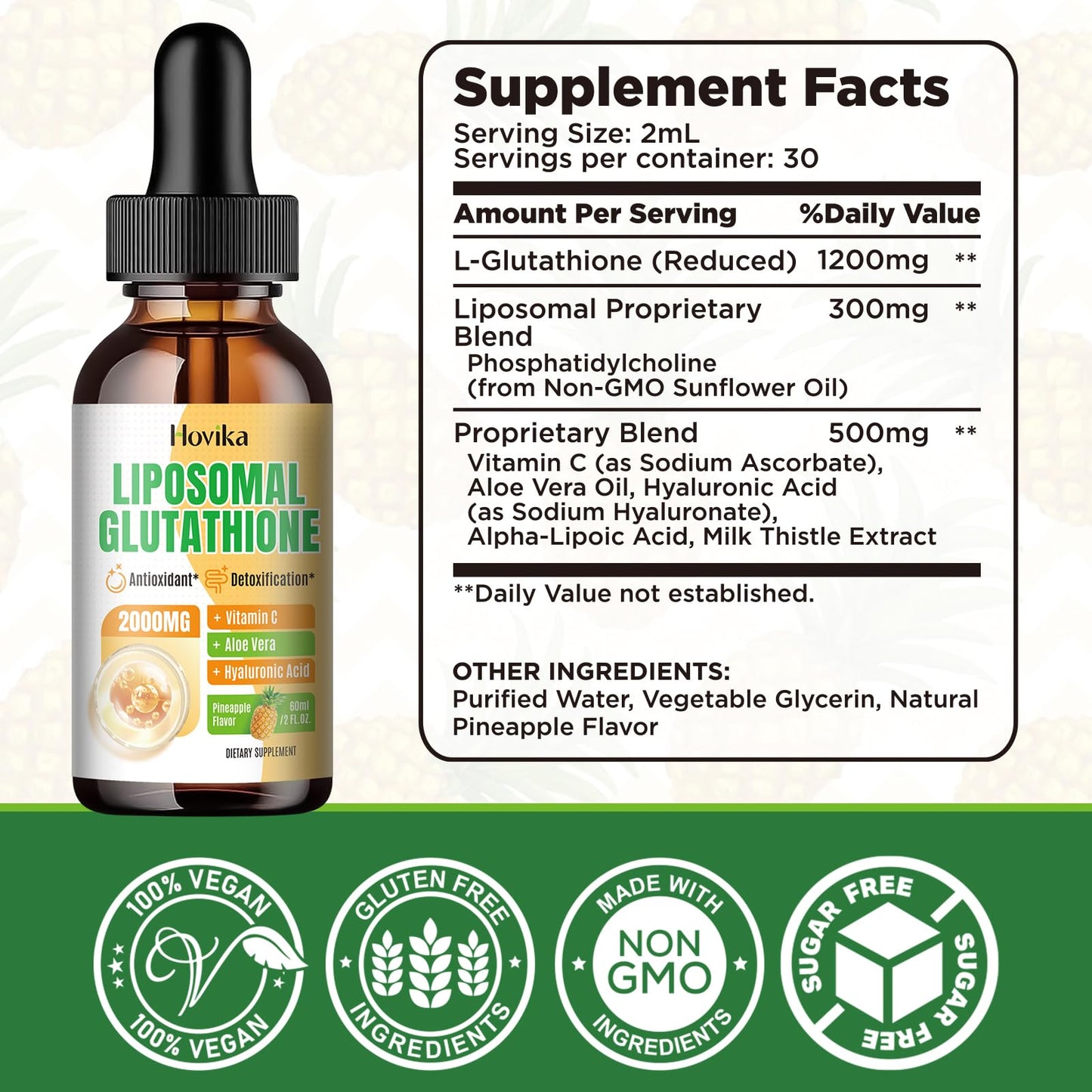 Liposomal Glutathione 2000mg Liquid Drops with Vitamin C – Immune Support, Anti-Aging & Skin Health | Pineapple 2oz