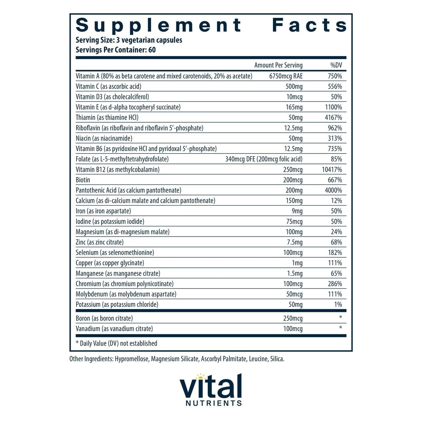 Vital Nutrients Multi-Nutrients with Iron and Iodine - Vegetarian Multivitamin (180 Capsules)