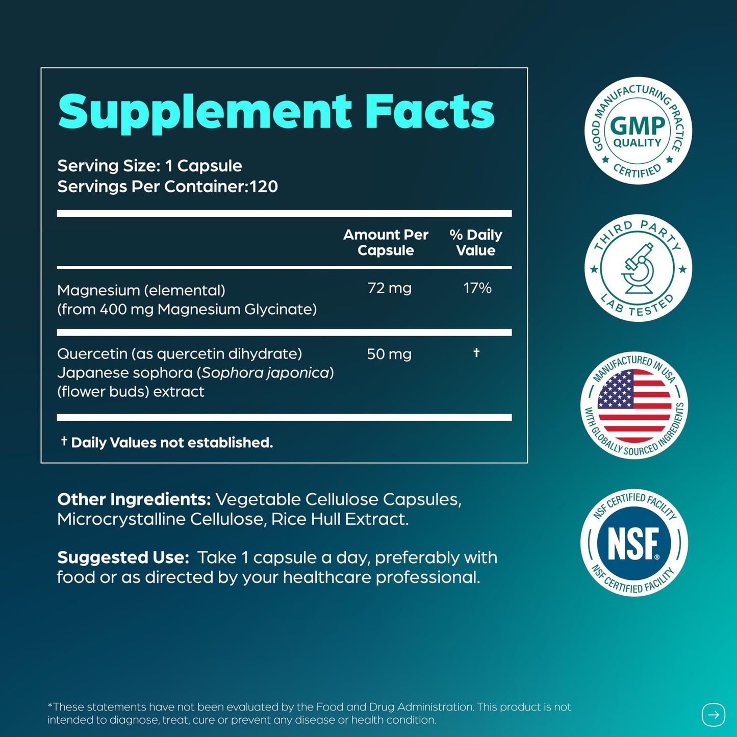 Magnesium Glycinate 400mg with Quercetin – 120 Count for Sleep & Relaxation