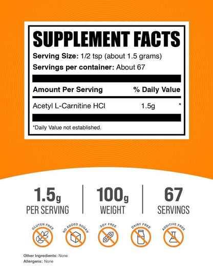 Acetyl L-Carnitine Powder 1.5g Serving | ALCAR HCl | Gluten Free | BulkSupplements