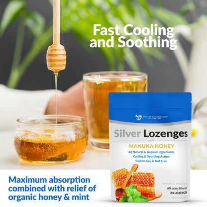 Silver Lozenges with Manuka Honey & Vitamin C – Nano Silver 60 PPM, 45-50mcg, 24 Lozenges