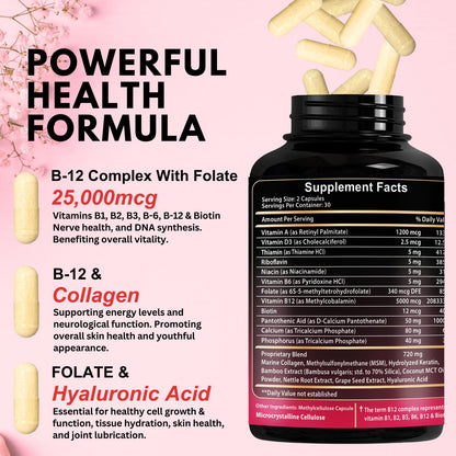 B12 25,000 mcg Complex with Hyaluronic Acid, Collagen & Folate – 60 Caps | USA Made