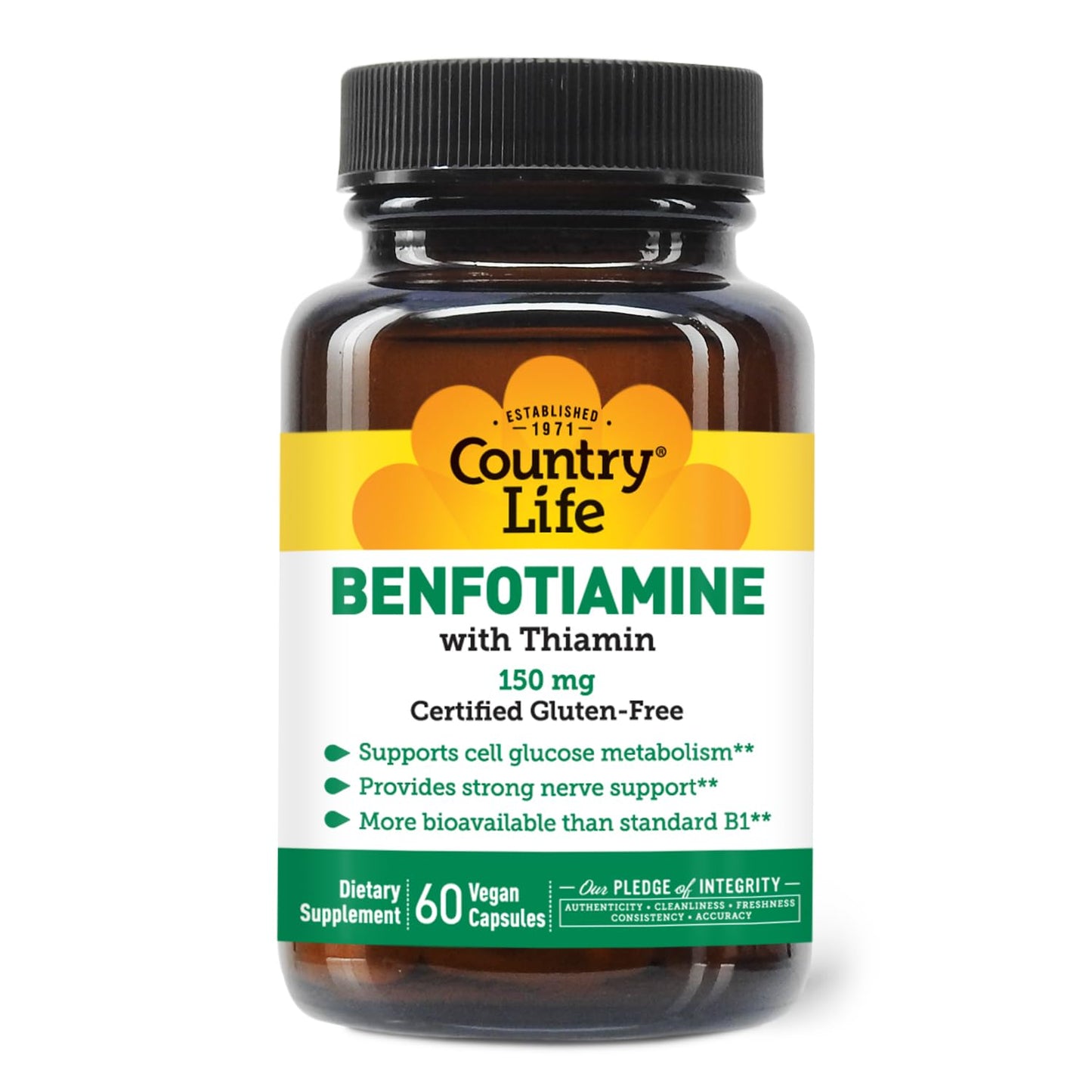 Country Life Benfotiamine with Thiamin – 150 mg, 60 Vegetarian Capsules | Gluten Free & Vegan