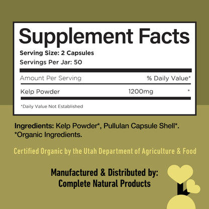 Raw Sea Kelp Powder Capsules 600mg – 100 Vegetarian, Gluten-Free, Thyroid Support