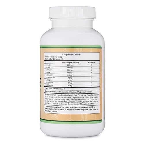 Essential Amino Acids (EAAs & BCAAs) - 1g per Serving Powder | 225 Capsules | Gluten Free | Double Wood