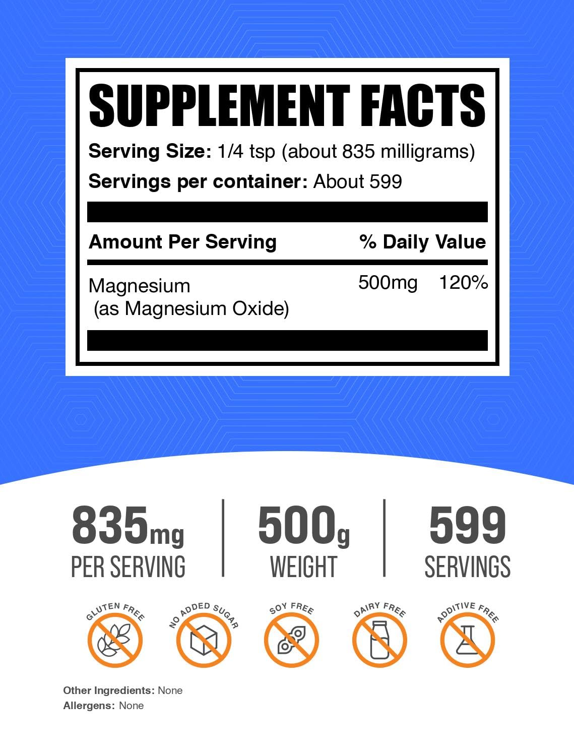 Magnesium Oxide Powder 835mg per Serving | Food Grade & Gluten Free 500g (Pack of 1) | BulkSupplements.com