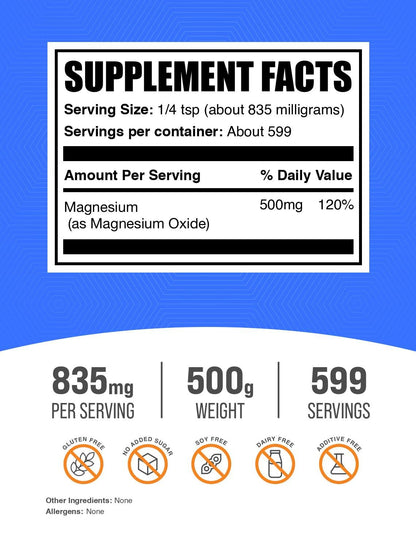 Magnesium Oxide Powder 835mg per Serving | Food Grade & Gluten Free 500g (Pack of 1) | BulkSupplements.com