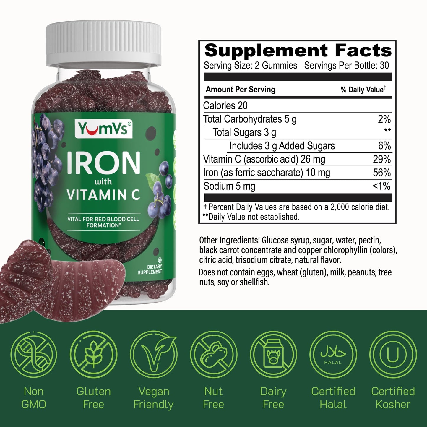 Iron Gummies with Vitamin C – 10 mg Iron, Grape Flavor (60 Count) – Vegan, Kosher, Non-GMO