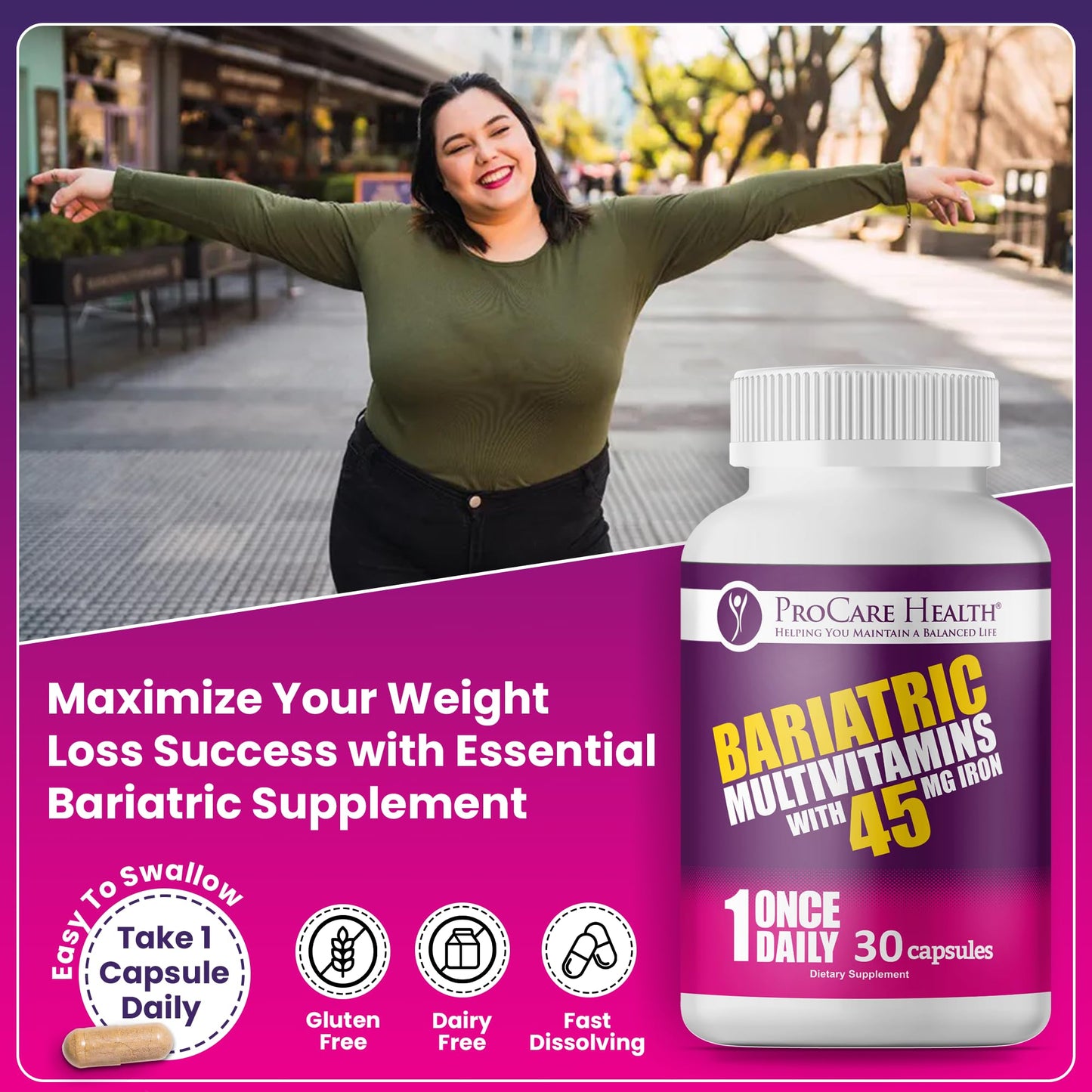 ProCare Health Bariatric Multivitamin with 45mg Iron - 30-Capsule Post-Op Support (Gluten-Free, No Artificial Colors)