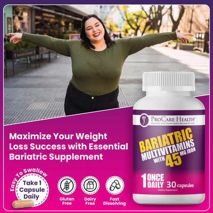 ProCare Health Bariatric Multivitamin with 45mg Iron - 30-Capsule Post-Op Support (Gluten-Free, No Artificial Colors)