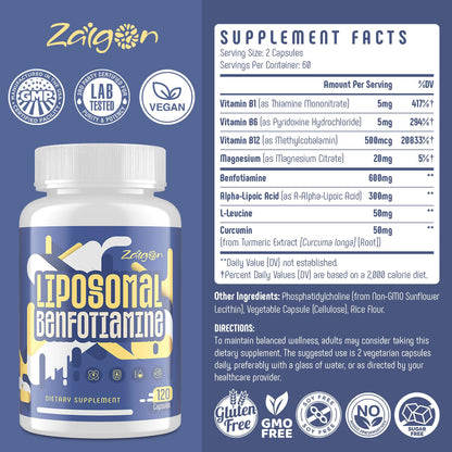 Zaigon Benfotiamine 600mg Vitamin B1 Supplement | Gluten Free