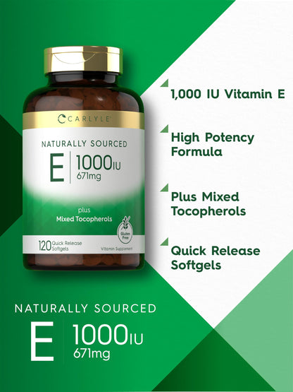 Carlyle Vitamin E 1000 IU Softgels – Mixed Tocopherols – 120 Pills | Non-GMO & Gluten Free