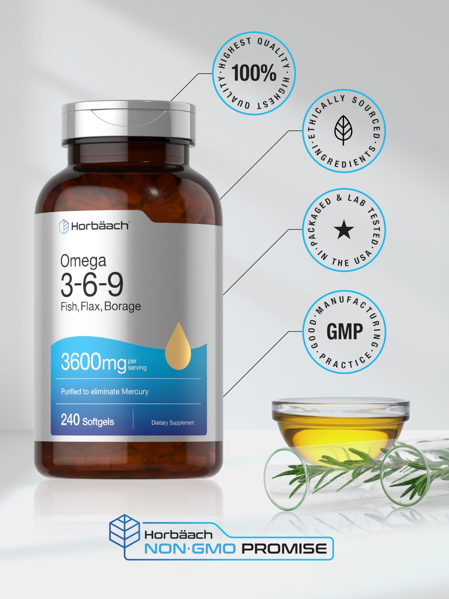 Horbäach Triple Omega 3-6-9 Softgels 240 | Fish, Flaxseed & Borage Oils | Non-GMO & Gluten Free
