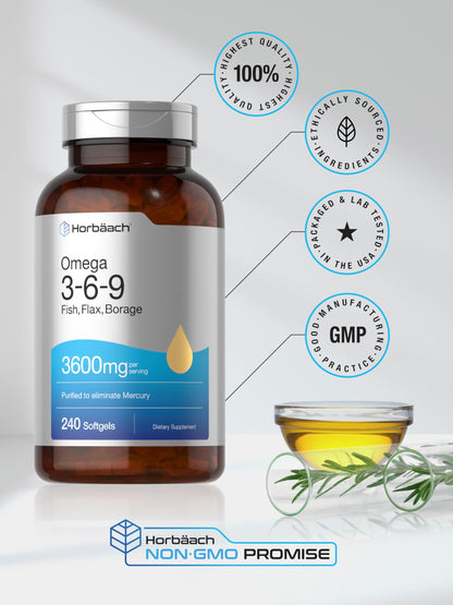 Horbäach Triple Omega 3-6-9 Softgels 240 | Fish, Flaxseed & Borage Oils | Non-GMO & Gluten Free