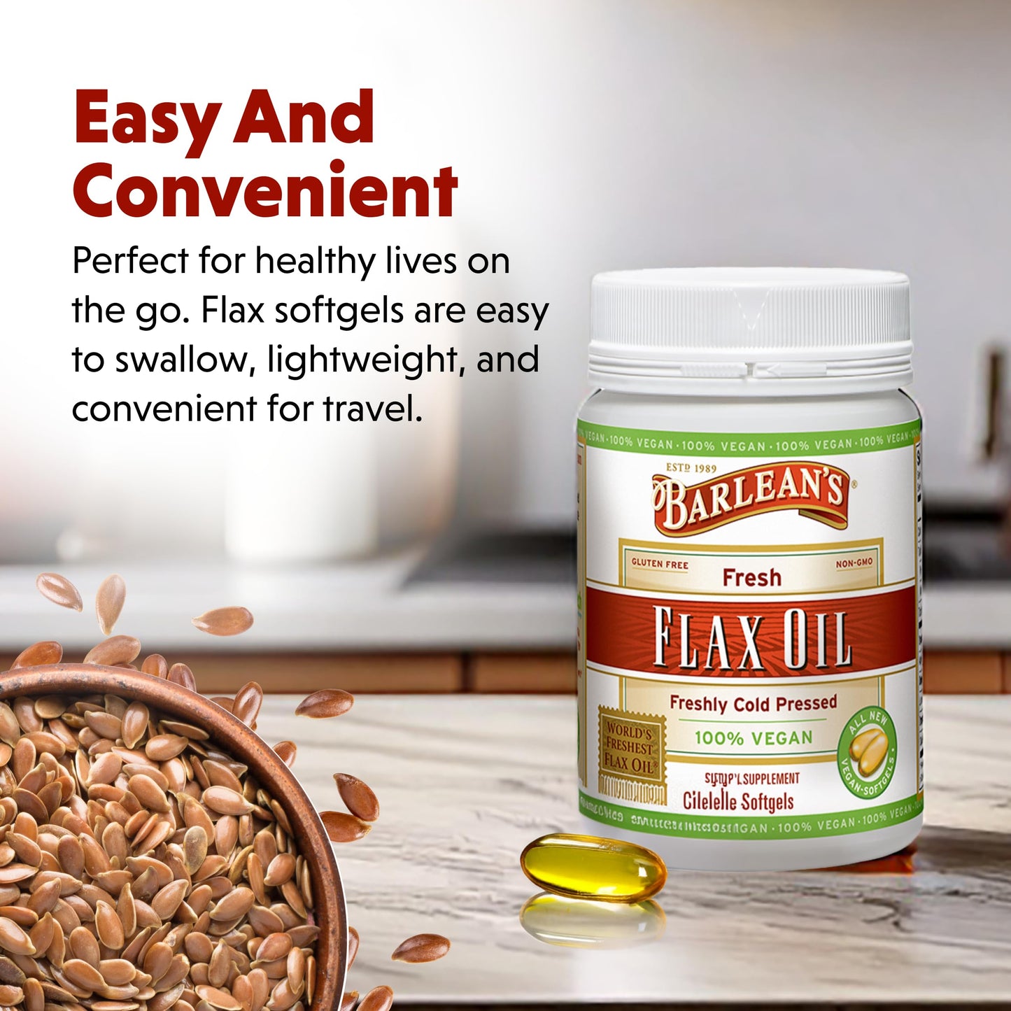 Barlean's Vegan Flaxseed Oil Softgels — 1650 mg ALA, Cold-Pressed, 100 Count