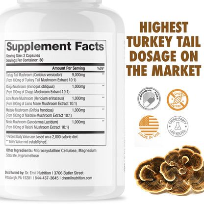 Dr. Emil Nutrition Turkey Tail Mushroom Capsules – Immunity & Gut Health Formula with Lion's Mane, Chaga, Reishi & Maitake
