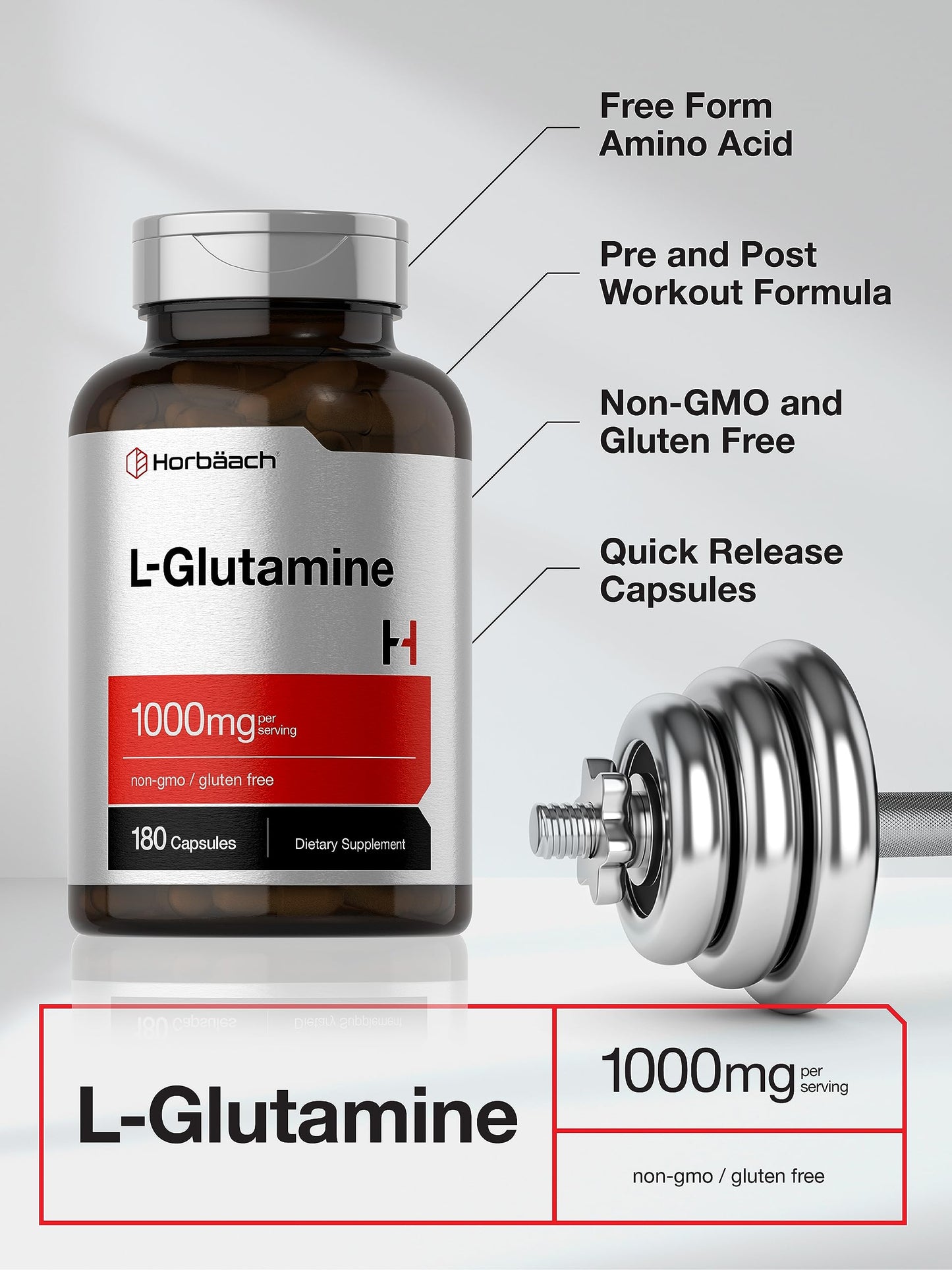 Horbaach L-Glutamine Capsules 1000mg – 180 Count | Non-GMO & Gluten Free | Pre & Post Workout