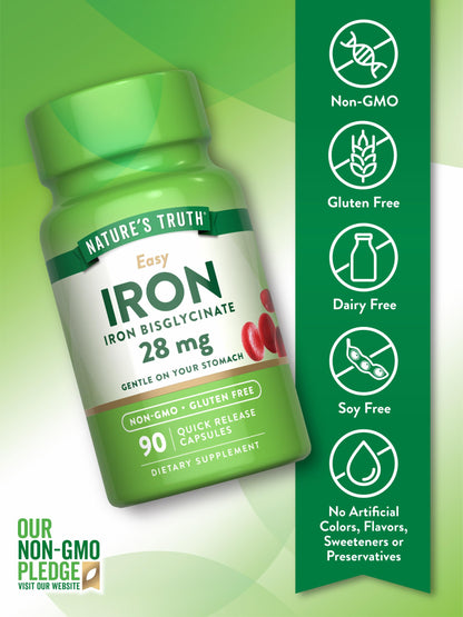Nature's Truth Iron Supplement for Women & Men | 28 mg Iron Bisglycinate | 90 Capsules Pack of 2 | Non-GMO, Gluten Free