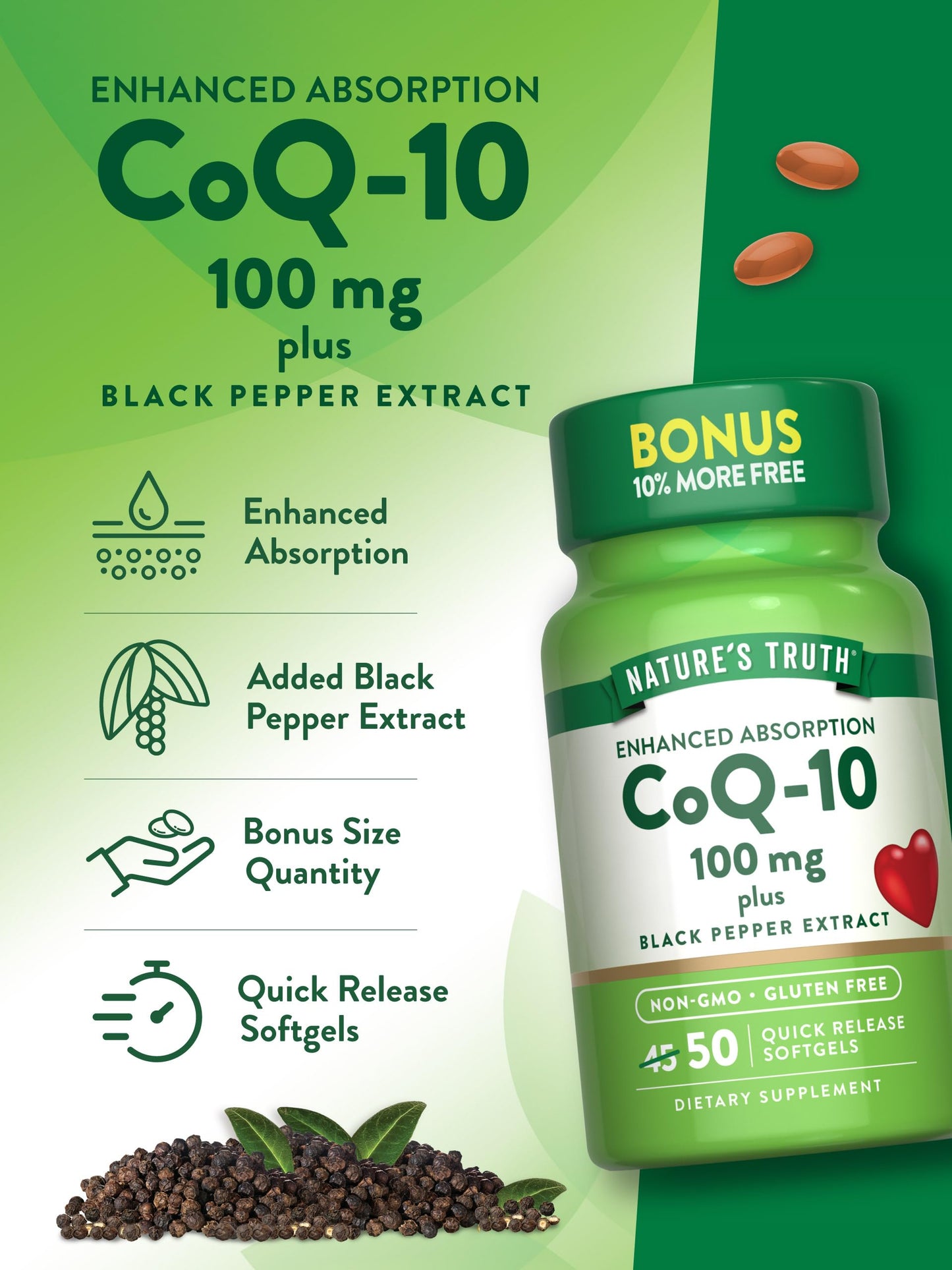 Nature's Truth CoQ10 100mg Softgels with Black Pepper – Non-GMO & Gluten Free