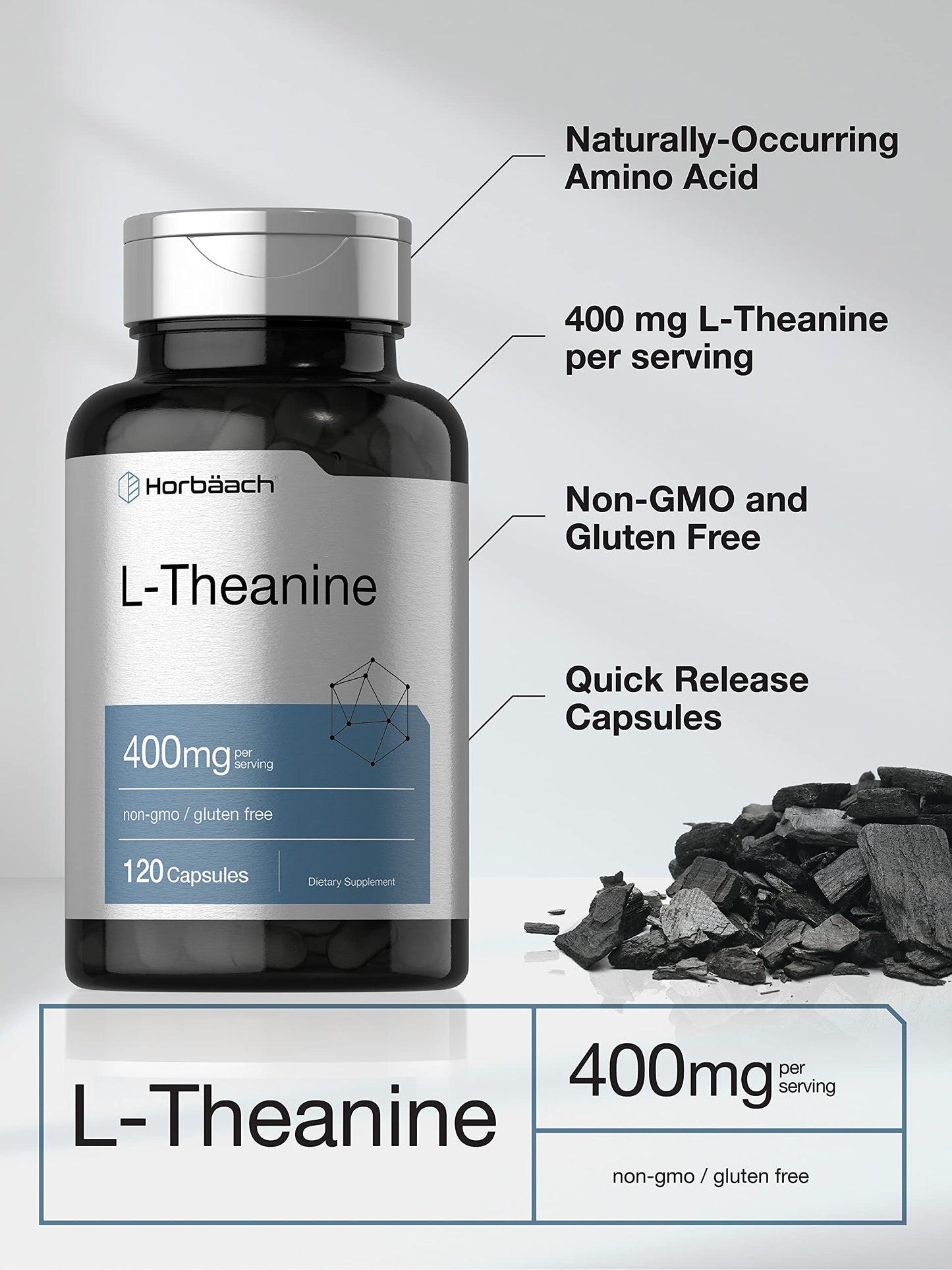 Horbäach L-Theanine Supplement | 400mg | 120 Powder Capsules | Non-GMO & Gluten Free