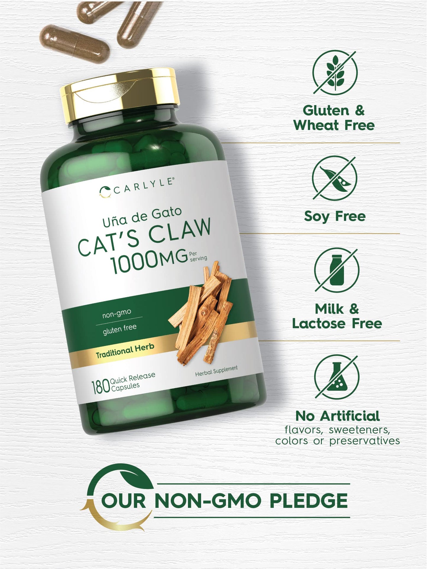 Carlyle Cat's Claw 1000mg Capsules - 180 Count | Uncaria Tomentosa | Non-GMO, Gluten Free