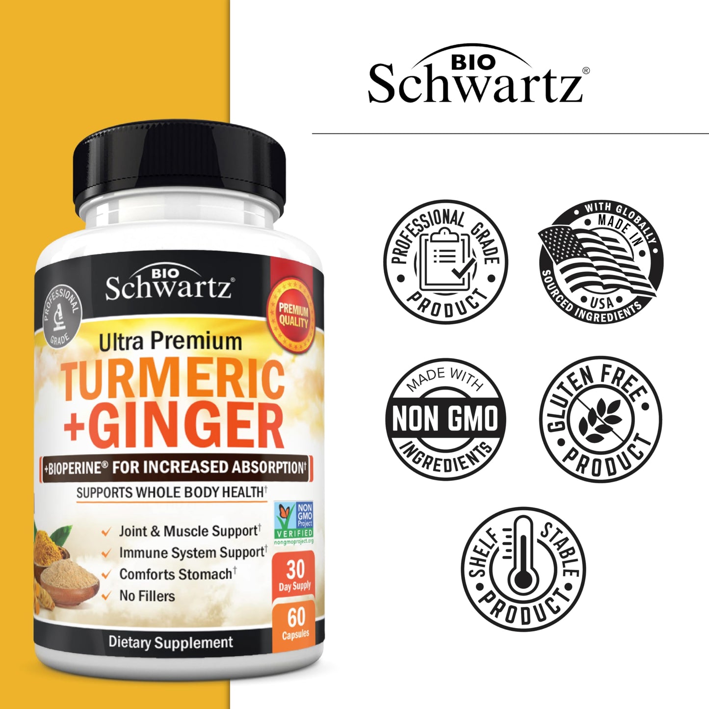 Turmeric Curcumin & Ginger Supplement with BioPerine – 95% Curcuminoids, Gluten-Free, 60 Capsules