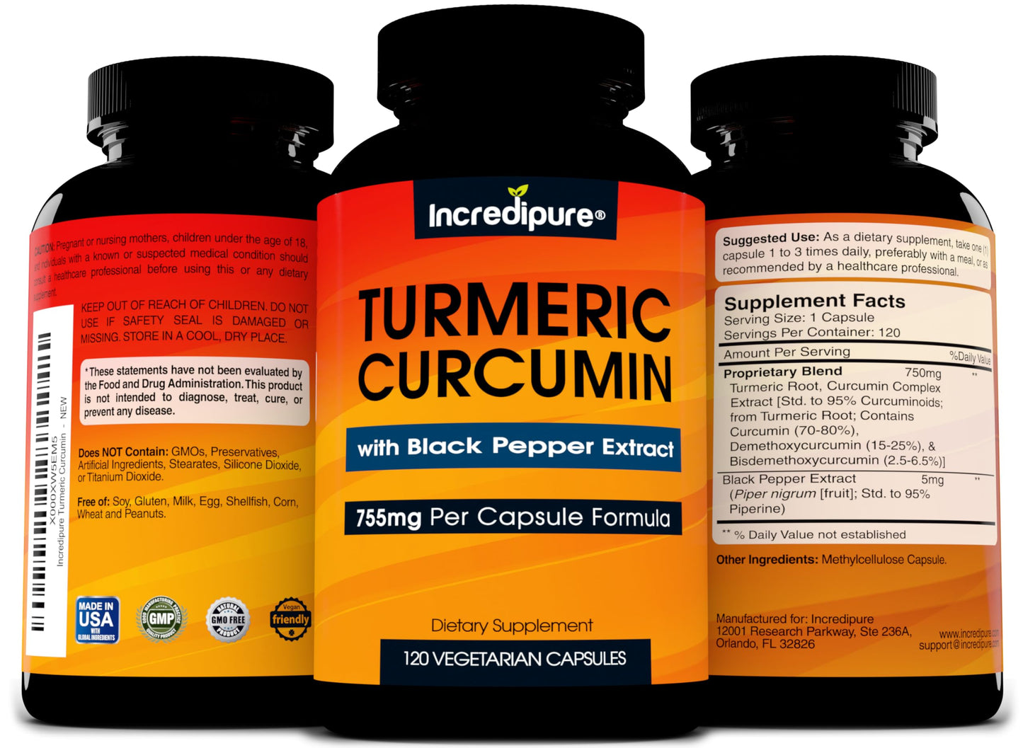 Turmeric Curcumin Supplement w/ BioPerine – 755mg per Capsule | Curcumin Incredipure