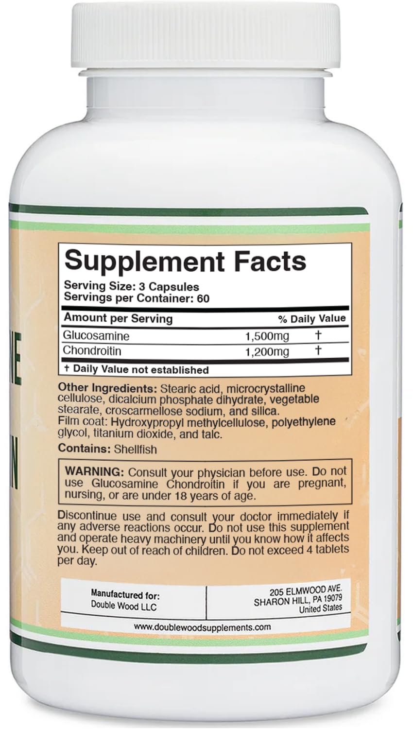 Glucosamine Chondroitin Triple Strength 1500/1200mg – 180 Tablets | Gluten Free, Non-GMO | Double Wood