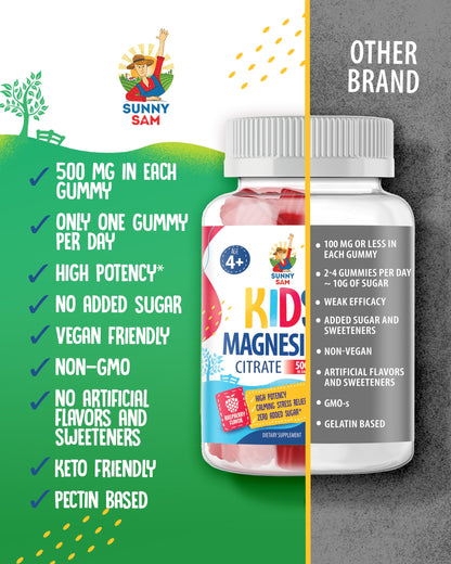 Sugar-Free Magnesium Gummies for Kids & Teens – 500mg Calm Magnesium Citrate – Chewable for Sleep, Mood & Muscle Support – 60-Day Supply