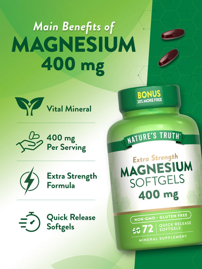 Nature's Truth Magnesium 400mg – 72 Softgels | Extra Strength, Non-GMO, Gluten Free