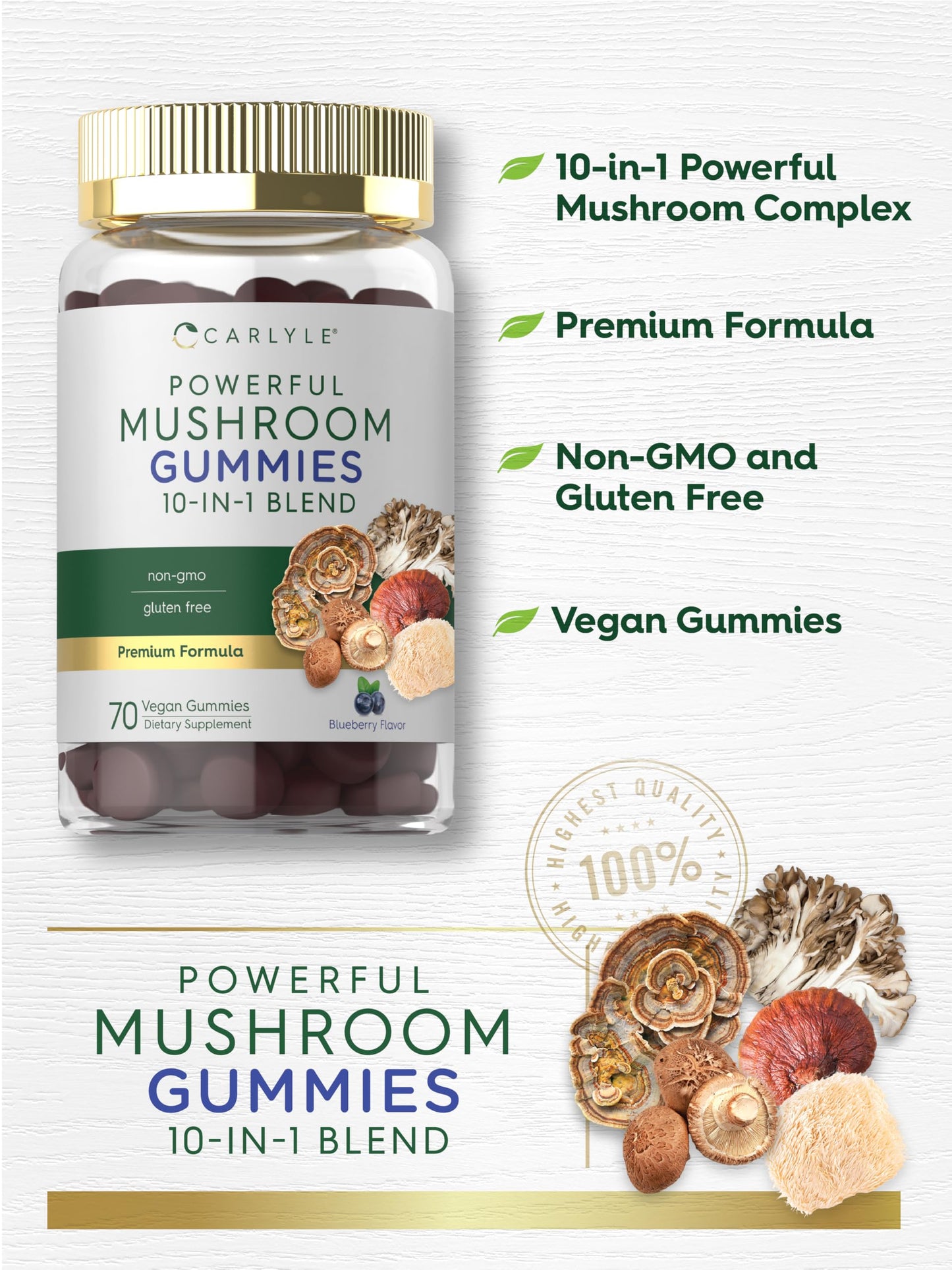 Carlyle Mushroom Supplement Gummies | 70 Vegan Gummies | 10-in-1 Blend | Non-GMO & Gluten Free