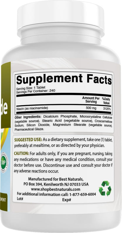 Best Naturals Niacinamide 500mg 240 Tablets (Suitable for Vegetarian) - Non-Flushing Form of Niacin (Vitamin B3)