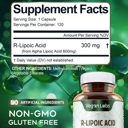 Vegan Labs R-Lipoic Acid 300MG – 120 Vegan Capsules | 4 Month Supply