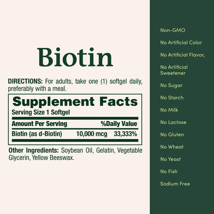 Nature's Bounty Biotin 10,000 mcg — Hair, Skin & Nails (120 Softgels)