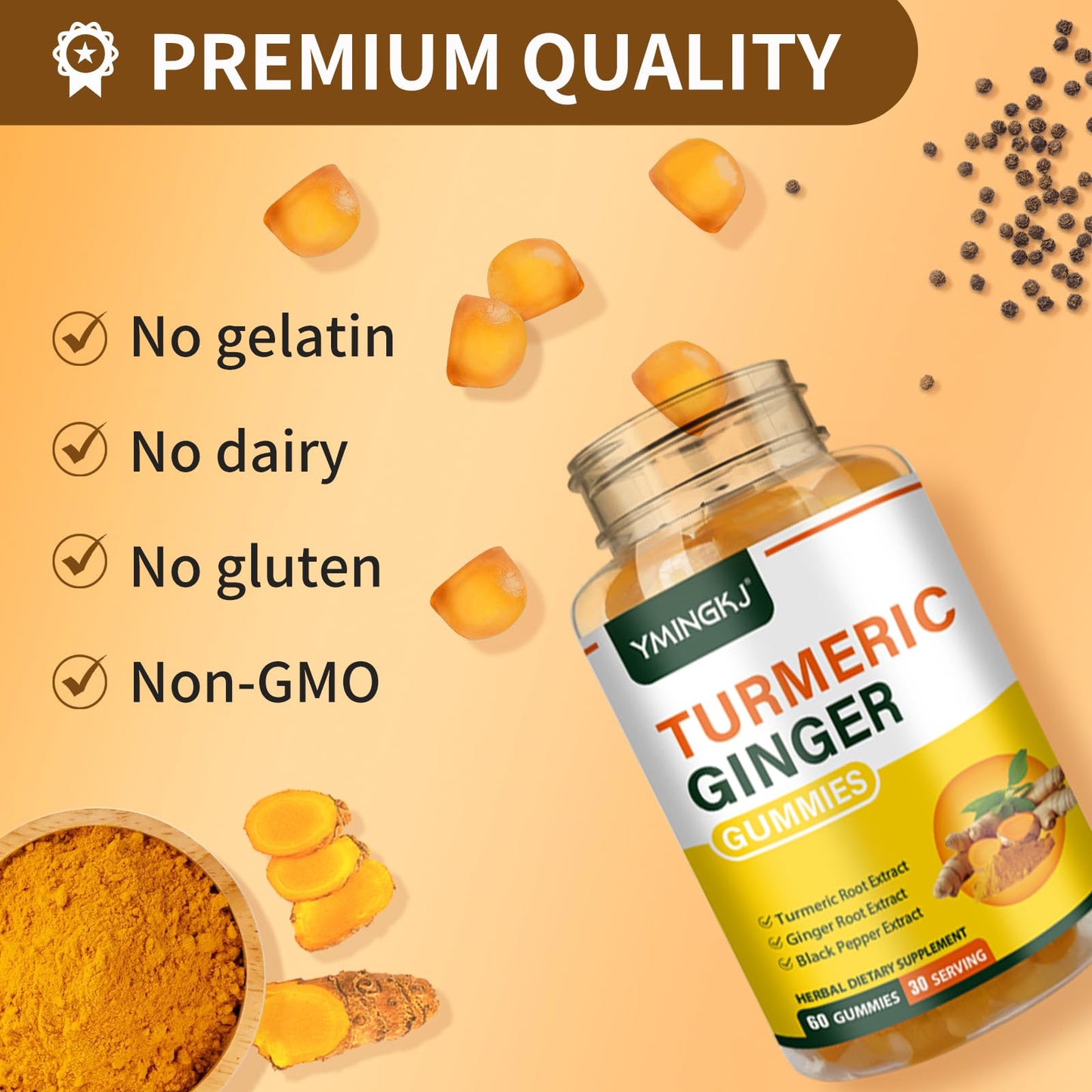 Turmeric Ginger Gummies with Black Pepper - 500 mg Curcumin for Immune Support | 60 Count