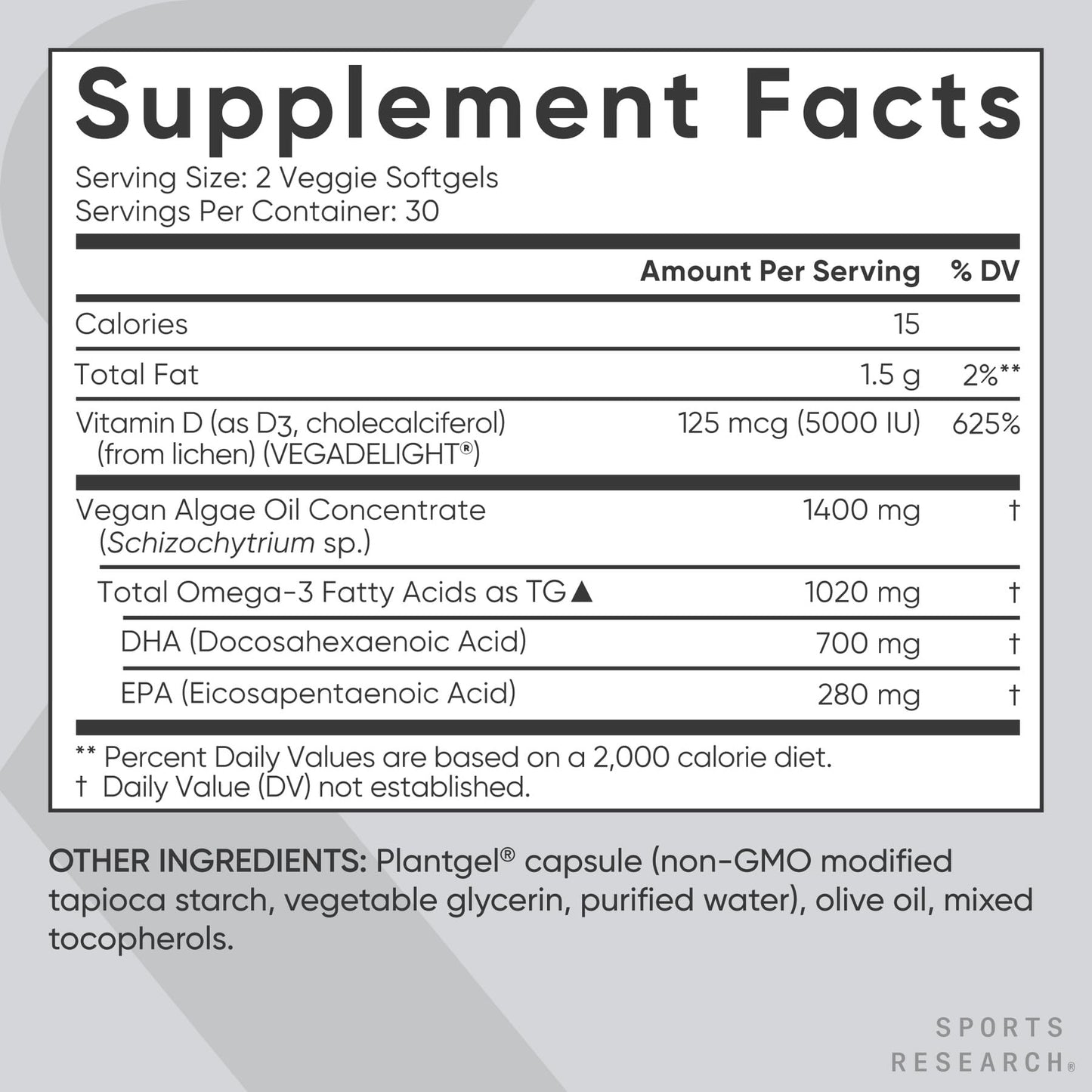 Sports Research Vegan Omega-3 + Vitamin D3 Softgels – 1020mg Omega-3, 5000 IU D3 (60 Veggie Softgels)