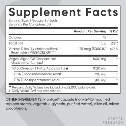 Sports Research Vegan Omega-3 + Vitamin D3 Softgels – 1020mg Omega-3, 5000 IU D3 (60 Veggie Softgels)