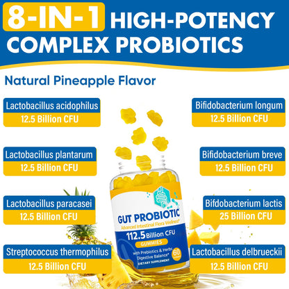 Gut Health Probiotic Gummies – 112.5B CFU, Sugar Free, 8 Strains + Prebiotics & Herbs – 60 Gummies