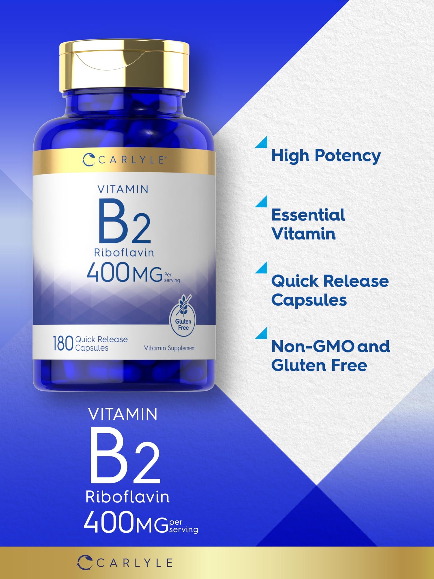 Carlyle Vitamin B-2 400mg – 180 Count – Non-GMO & Gluten Free | B2 Riboflavin Supplement