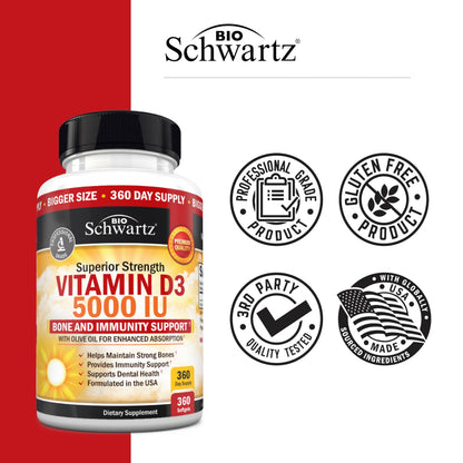 Vitamin D3 5000 IU with Olive Oil - Immune, Bone & Muscle Health