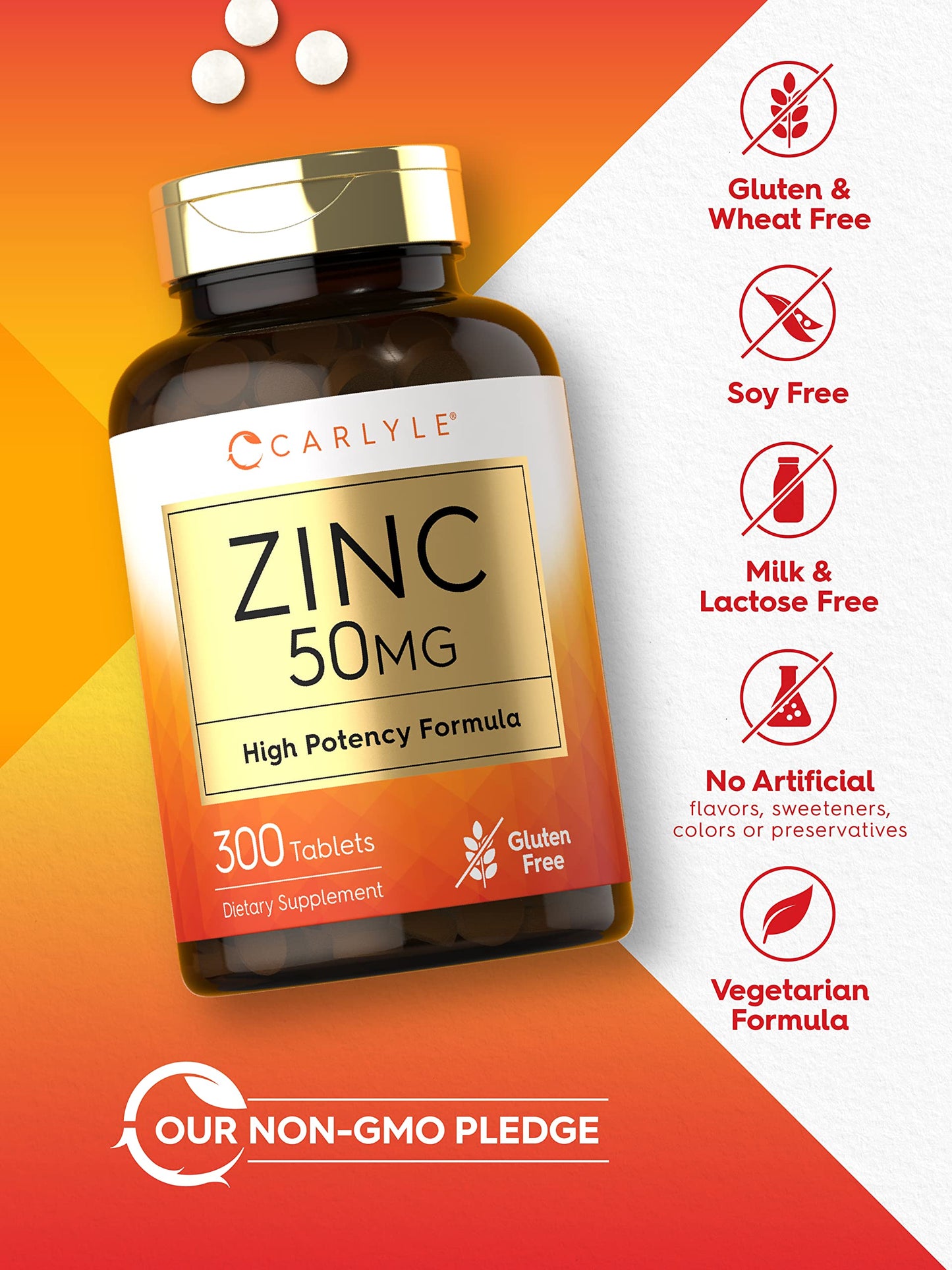 Carlyle Zinc 50mg – 300 Tablets | Vegetarian, Non-GMO, Gluten Free | Zinc Gluconate | High Potency