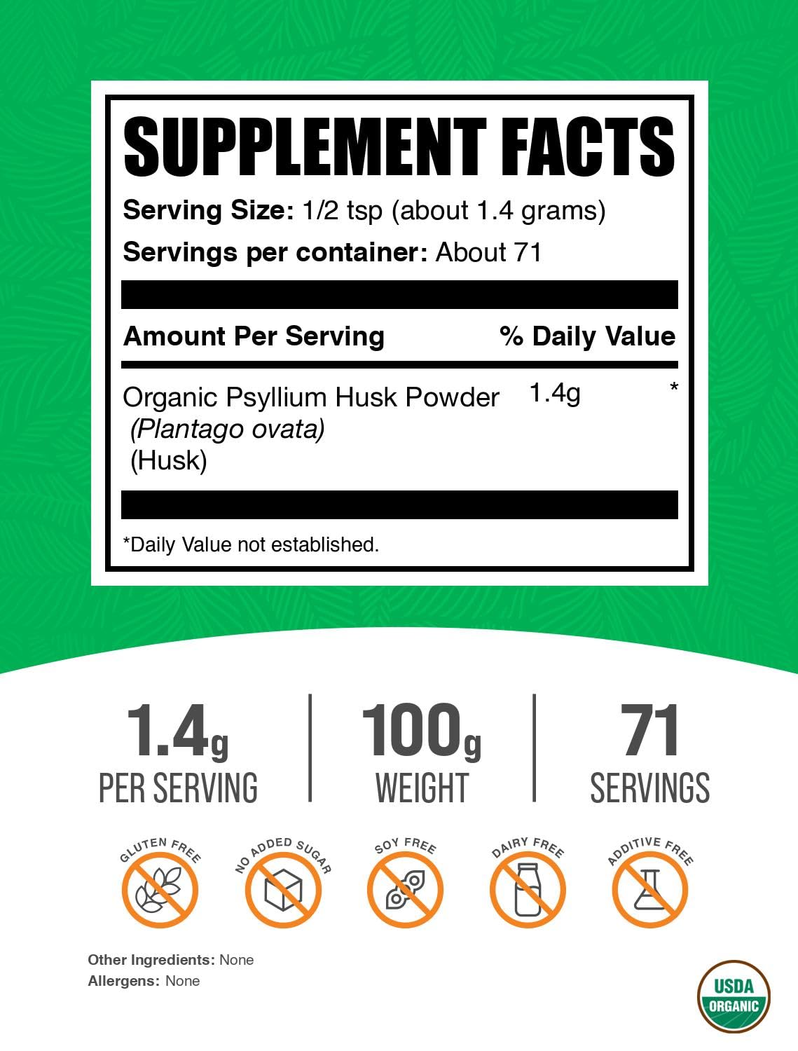 Organic Psyllium Husk Powder 100g - Gluten Free Fiber Supplement | BulkSupplements