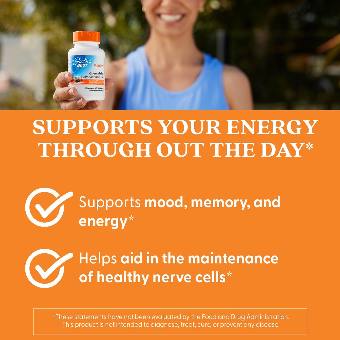 Doctor's Best Chewable Methyl B12 (Methylcobalamin) – Energy, Mood & Memory Support | Vegan, Non-GMO, Gluten Free | 60 Tablets
