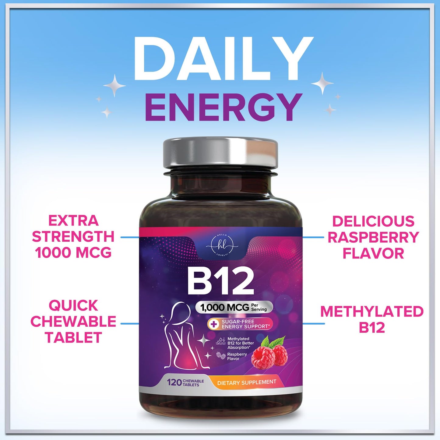 Hello Lovely! B12 Vitamin Chewables 1000 mcg - Energy & Immune Support - Gluten & Sugar Free (120 Chewables)
