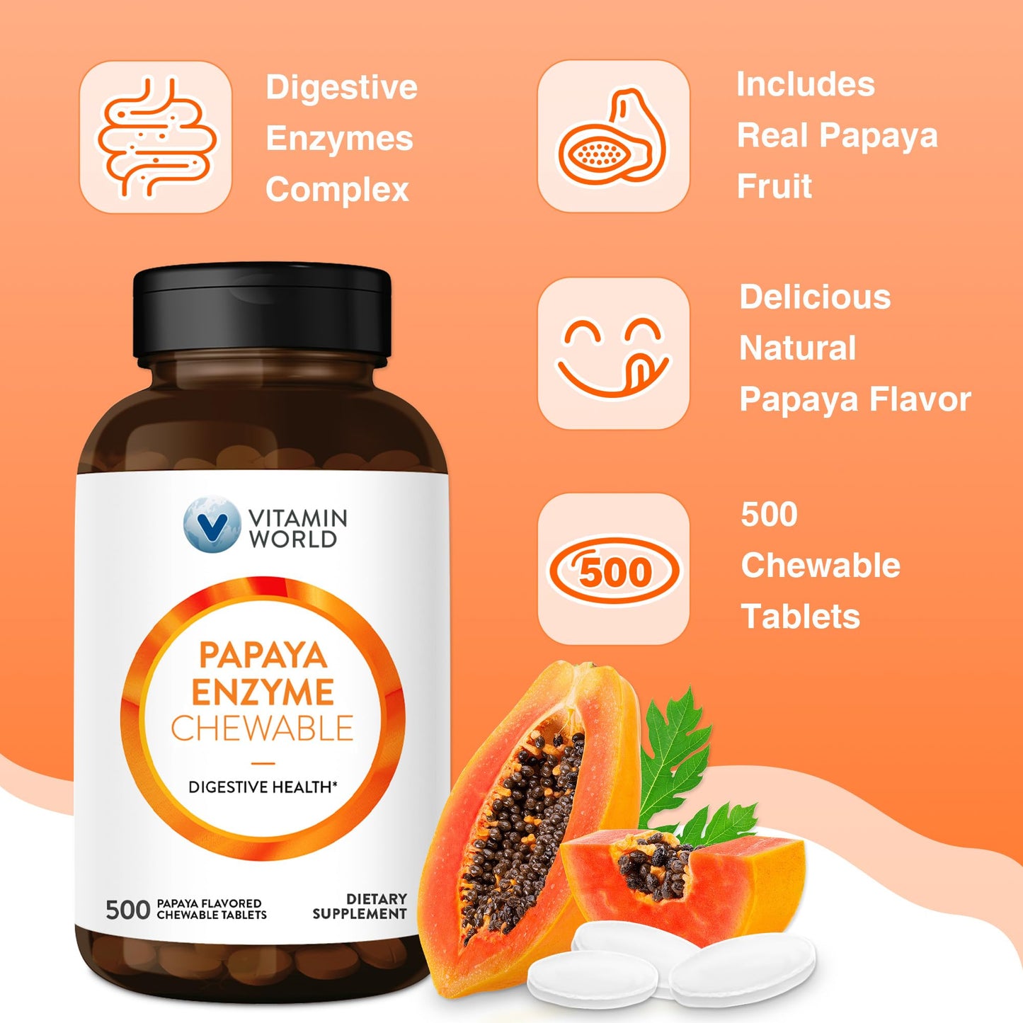 Vitamin World Papaya Enzymes Chewables – Papain, Amylase & Protease (500 Tablets)