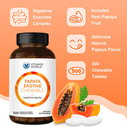 Vitamin World Papaya Enzymes Chewables – Papain, Amylase & Protease (500 Tablets)